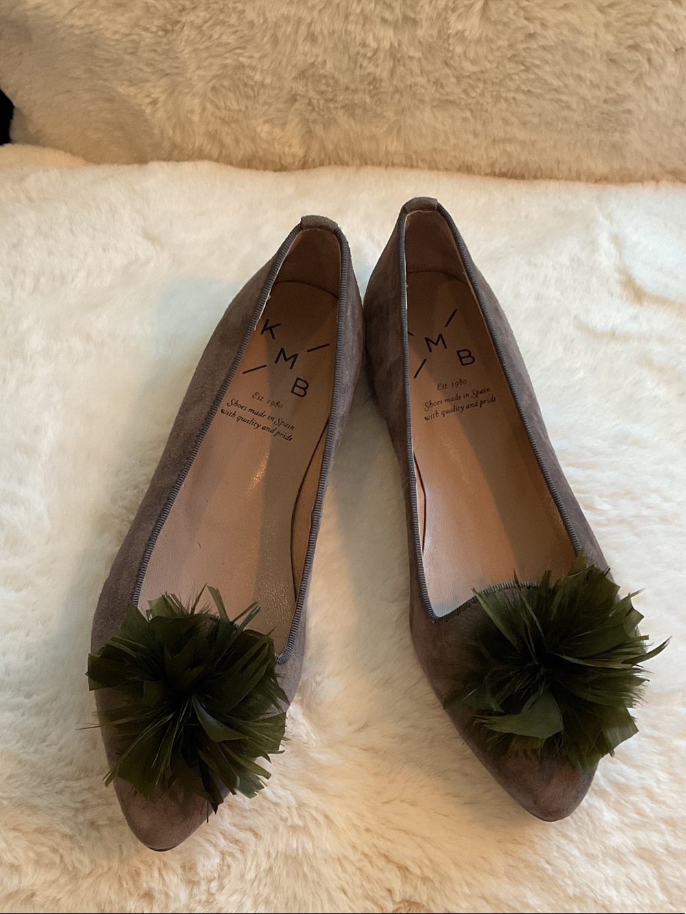 Anthropologie Taupe Pointed Flats with Olive Pom Embellishments